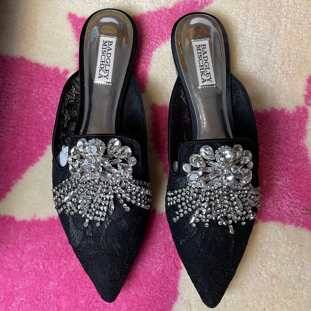 Badgley Mischka Black Crystal Embellished Mules